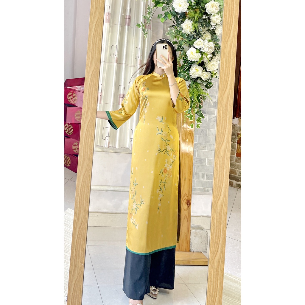 Áo dài Tết cách tân lụa TAY LOE in hoa Tết siêu xinh