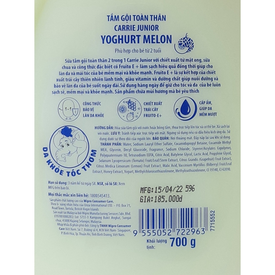 Sữa Tắm Gội Toàn Thân Cho Bé Carrie Junior Yoghurt Hương Dưa Lưới Hoặc Hương Mơ Tây 700g