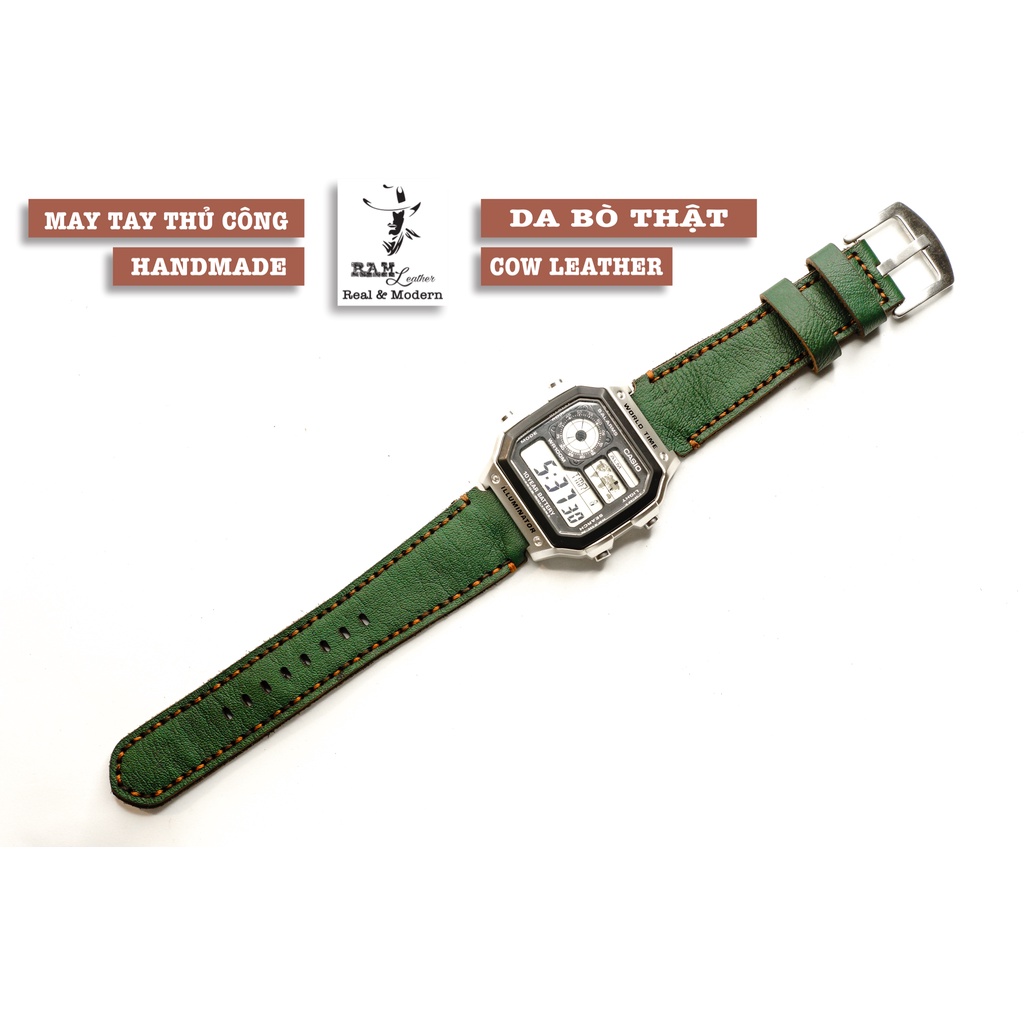 Dây đồng hồ RAM Leather vintage green - da bò xanh lục may thủ công - RAM Leather