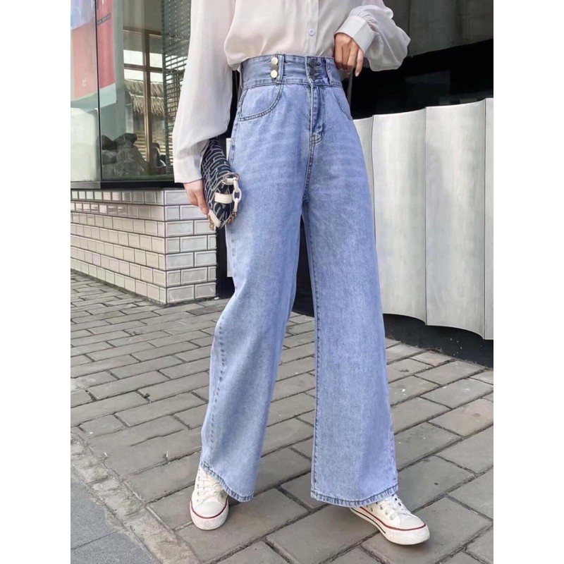 Quần Jeans Ống Rộng🌸 Quần Bò Nữ Ống Rộng Cạp Cao Trơn Basic 6 Khuy