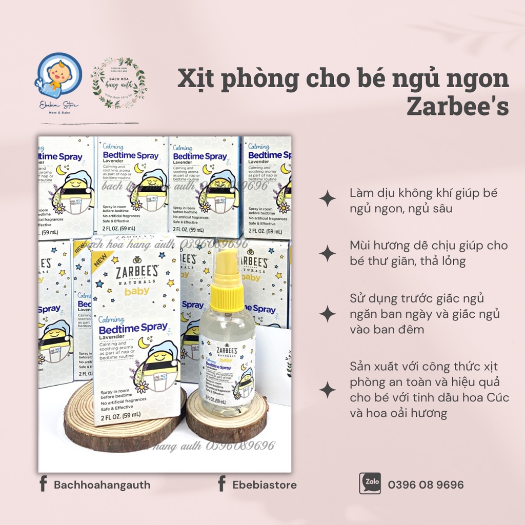 [ Hàng Mỹ ] Xịt thơm Zarbee's hương lavender giúp bé ngủ ngon Calming Bedtime Spray - 59ml