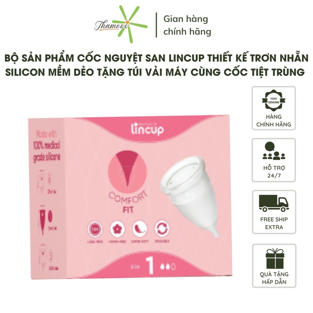 Bộ sản phẩm cốc nguyệt san Lincup silicon mềm dẻo chống rò rỉ tặng máy tiệt trùng túi vải cốc tiệt trùng