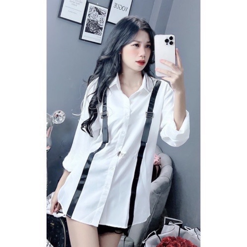 Áo Sơ Mi Sọc Phối Khuy Trắng Tay Dài Nam Nữ(Hàng Sẵn)