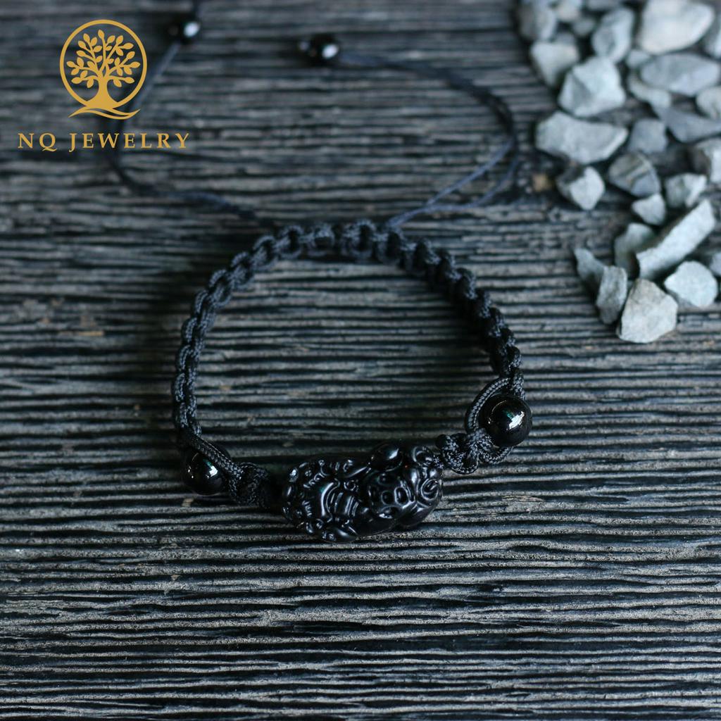 Vòng tay kết dây đen phối tỳ hưu tài lộc đá hắc diện thạch - NQ JEWELRY