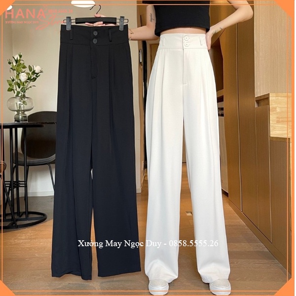 Quần ống rộng nữ lưng cao 2 khuy mới dài 100cm cạp 7cm cao dáng quần ống suông đi học công sở biển cá tính vải đen mềm