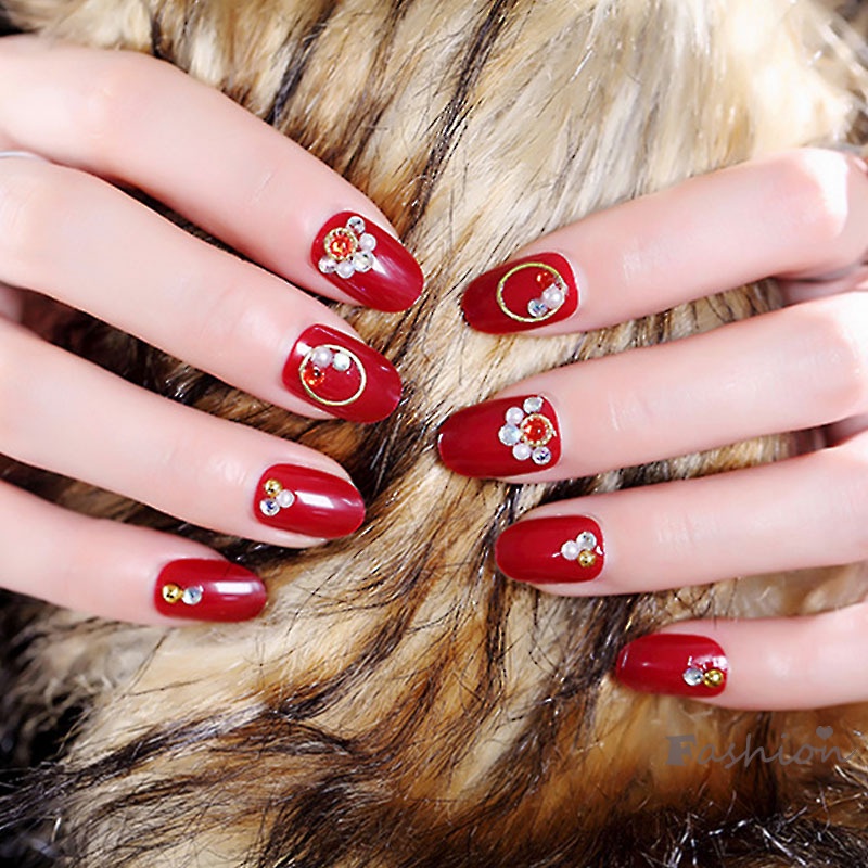 Set 24 Móng Tay Giả Màu Đỏ Rượu Vang Có Vỏ Đính Đá Thời Trang Cho Nữ