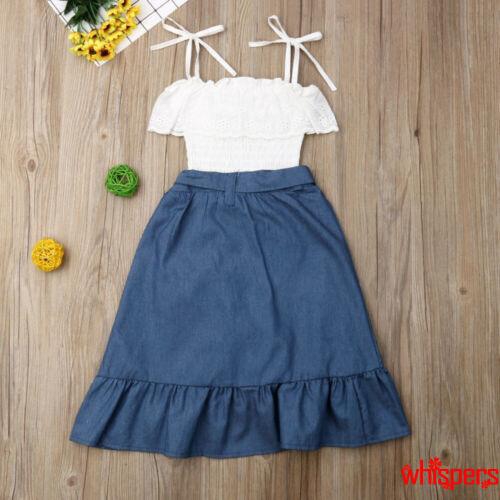 Set áo xòe hai dây + chân váy jeans xinh xắn dành cho bé gái