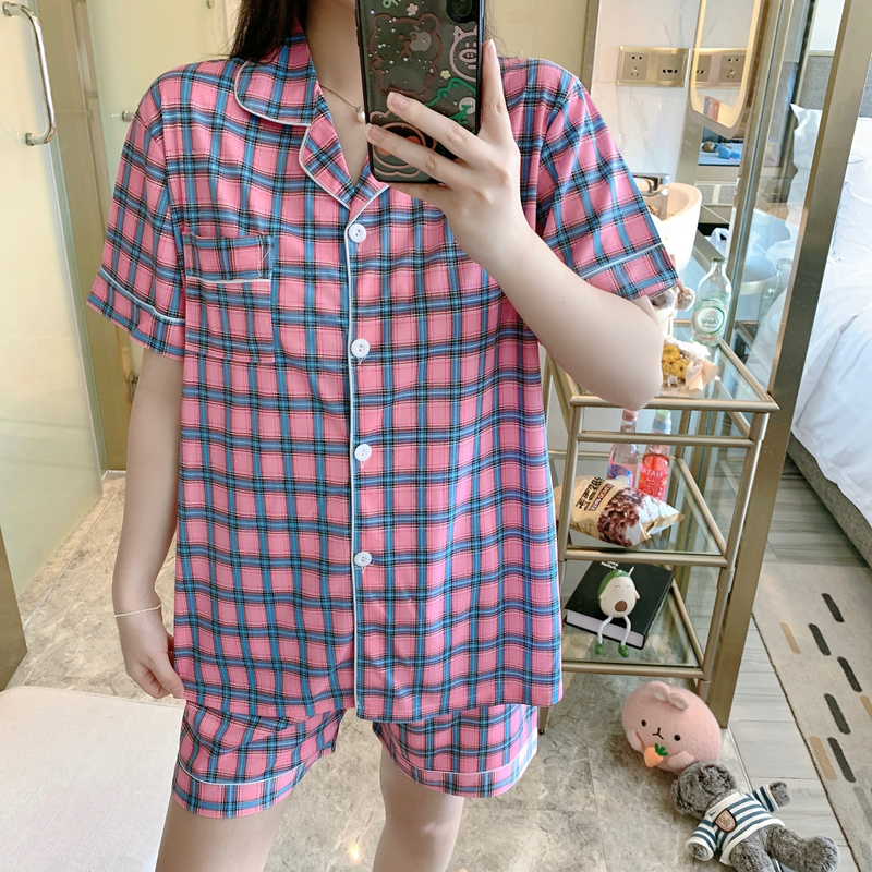 Bộ Đồ Ngủ Ngắn Tay Họa Tiết Caro Phong Cách Hàn Quốc Cho Nữ