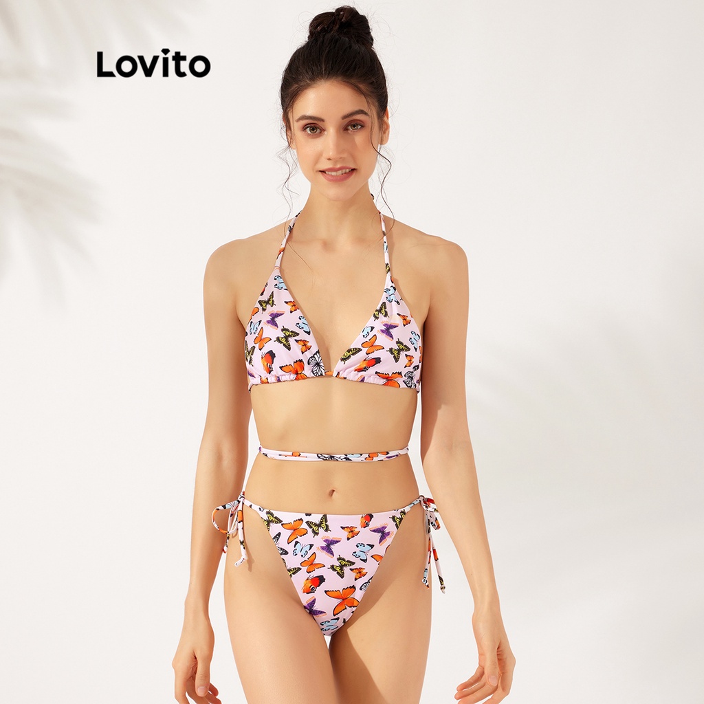 Set bikini Lovito thắt nơ hình bướm áo dài tay cổ tròn miếng đệm có thể tháo rời L23AD062 (nhiều màu sắc)
