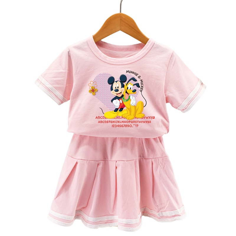 Bộ 2 Món Áo Thun 100% Cotton + Chân Váy Xếp Ly Họa Tiết Chuột Mickey Minnie Dễ Thương Cho Bé Gái 2022