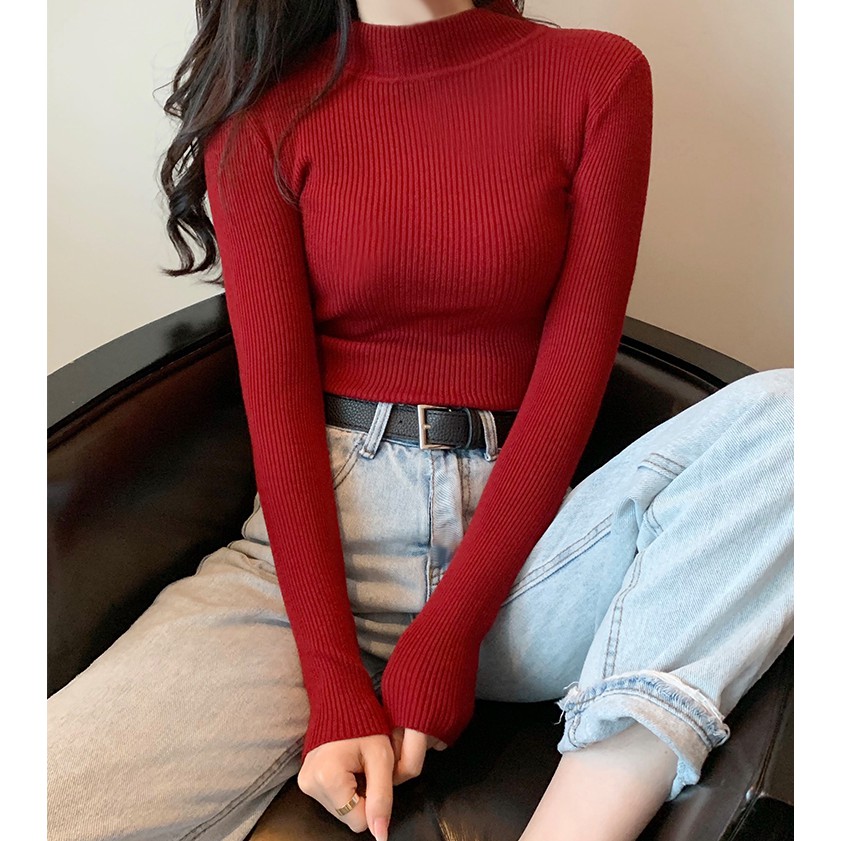 Áo sweater tay dài cổ cao ôm dáng trẻ trung thời trang dành cho nữ | BigBuy360 - bigbuy360.vn