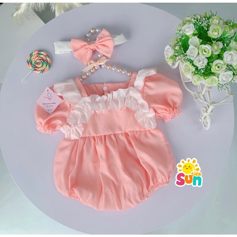 𝗧𝗮̣̆𝗻𝗴 𝘁𝘂𝗿𝗯𝗮𝗻 Body cộc tay cho bé gái size 4-10kg, vải đũi lạnh mềm mát, hàng thiết kế xịn đẹp, B hồng cổ cách điệu