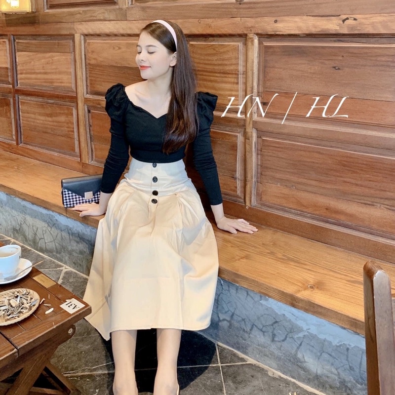 Set Áo Len Tay Bồng Kèm Chân Váy Dài Hàng Đẹp Chất Mềm✌️Ảnh Thật