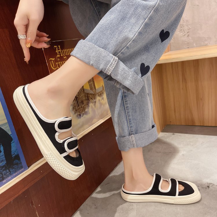 Fashionable Square Velcro Comfortable Sneaker Canvas Lazyshoes Sandals