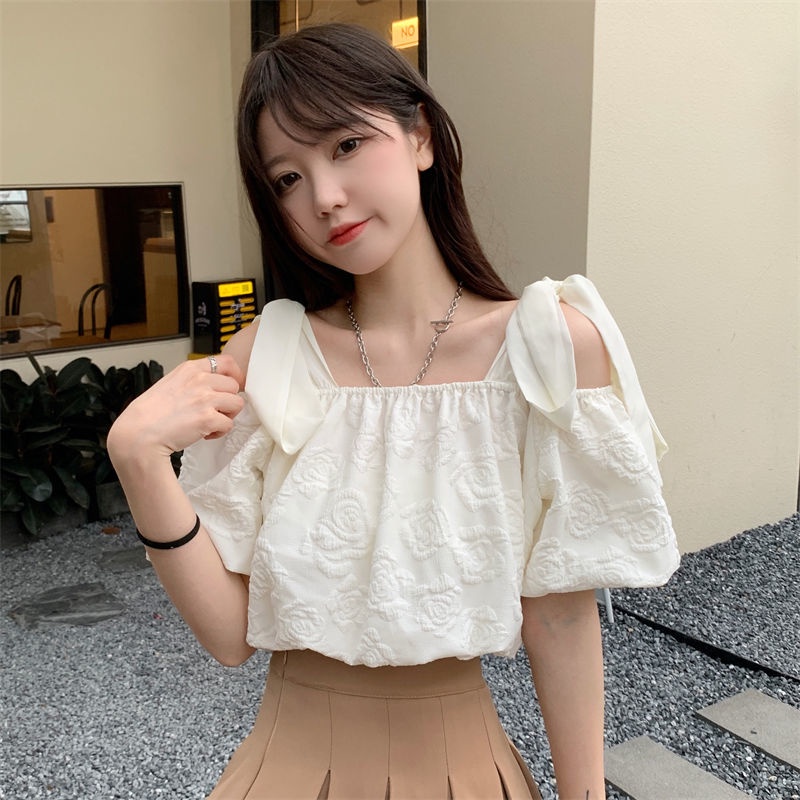 Áo Chiffon Tay Ngắn Phồng Trễ Vai Phong Cách Hàn Quốc Dành Cho Nữ