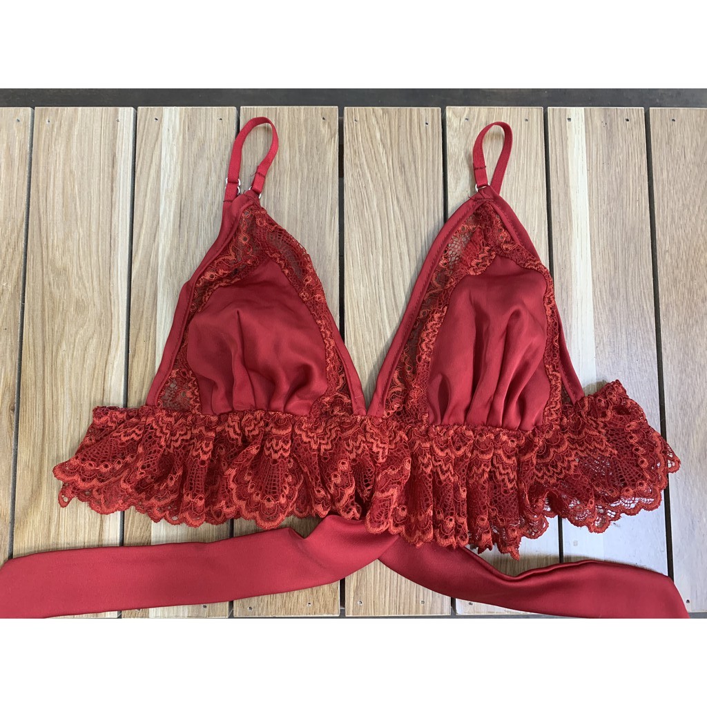 {Bralette hàng thiết kế} Bộ đồ lót ren phối lụa cao cấp Lacy Silk Bebebb – kiểu dáng quyến rũ với dây lụa dài - màu đỏ