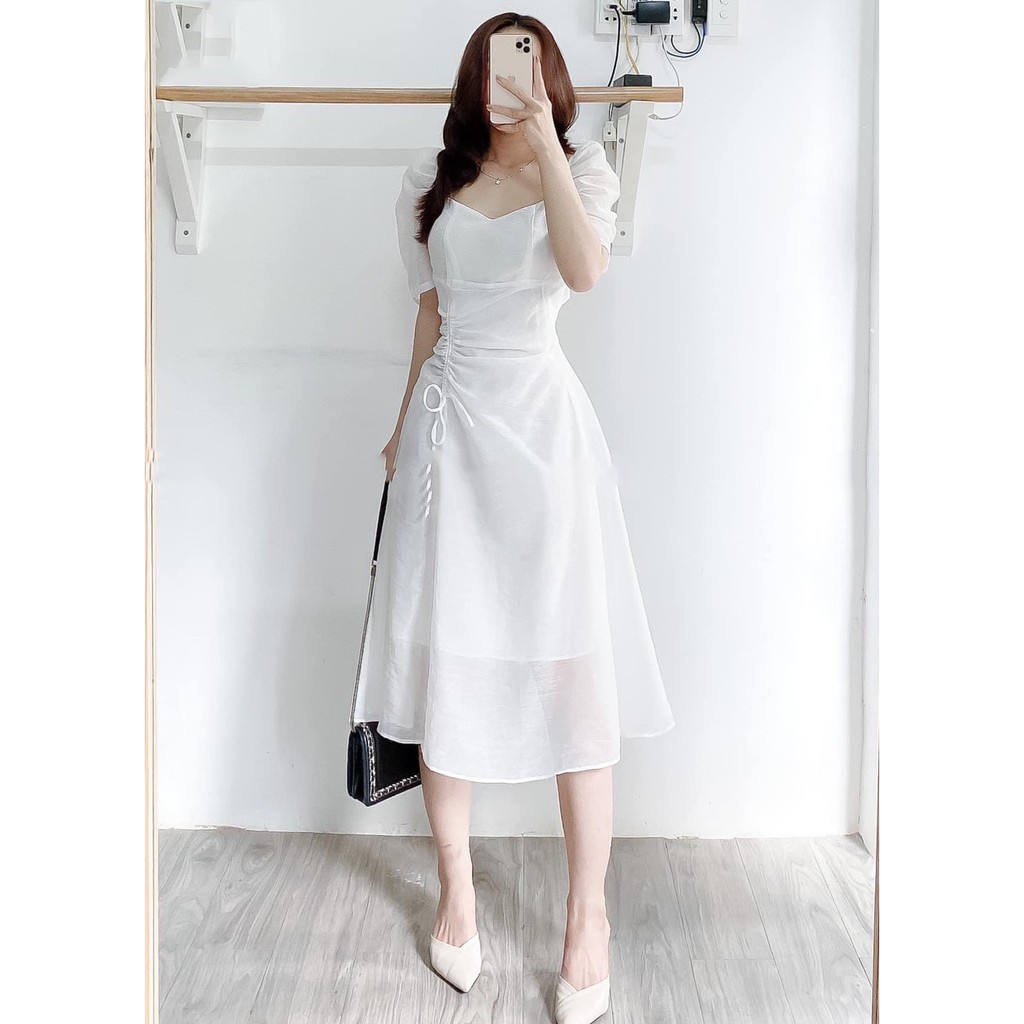 Đầm váy nữ dự tiệc midi rút dây eo hông chất Voon 2 lớp siêu đẹp. | BigBuy360 - bigbuy360.vn