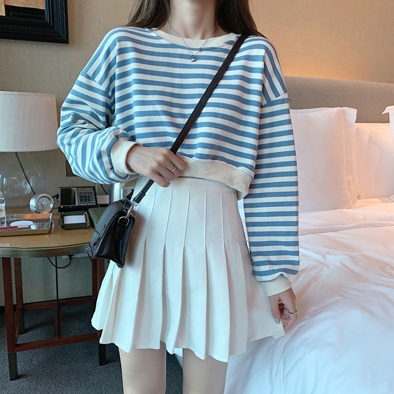 Áo Len Lửng Tay Dài Họa Tiết Sọc Ngang Thời Trang Hàn Quốc Cho Nữ