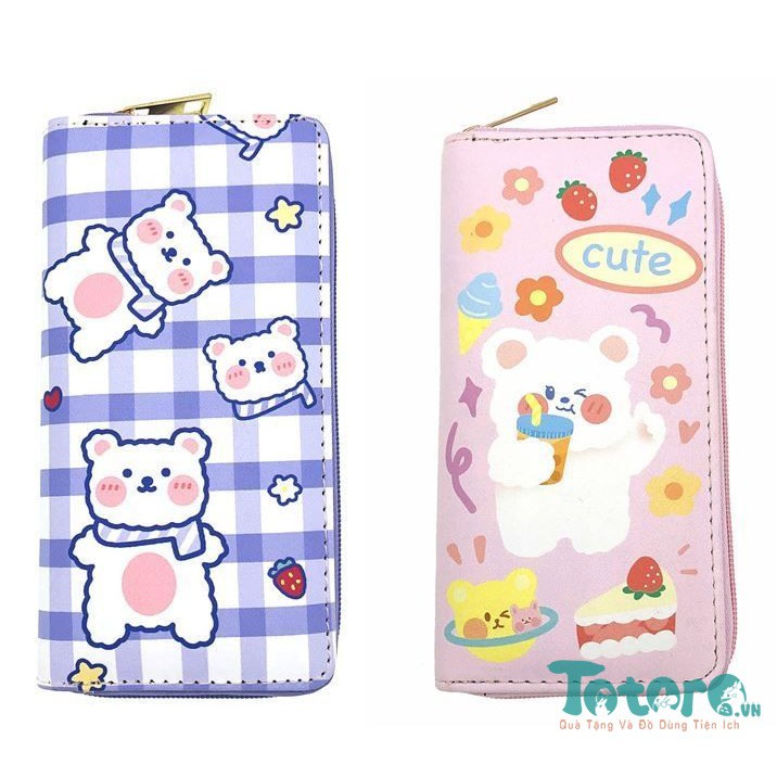 Ví da gập dài khóa kéo Gấu Xù tinh nghịch - Khủng Long Ngố - Bơ Xanh - Chó Shiba - Chó Corgi - Đàn Mèo