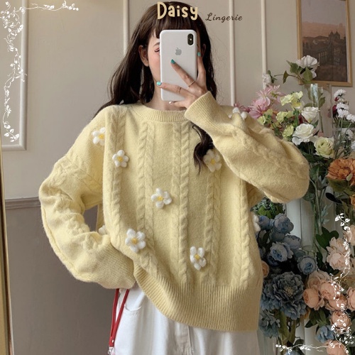 [SP Tốt,Hỏa Tốc] Áo Khoác Cardigan Len Lông Thỏ Áo Khoác Len Văn Thừng Hoa Cúc Form Rộng Vừa Phải - Mã AOL002