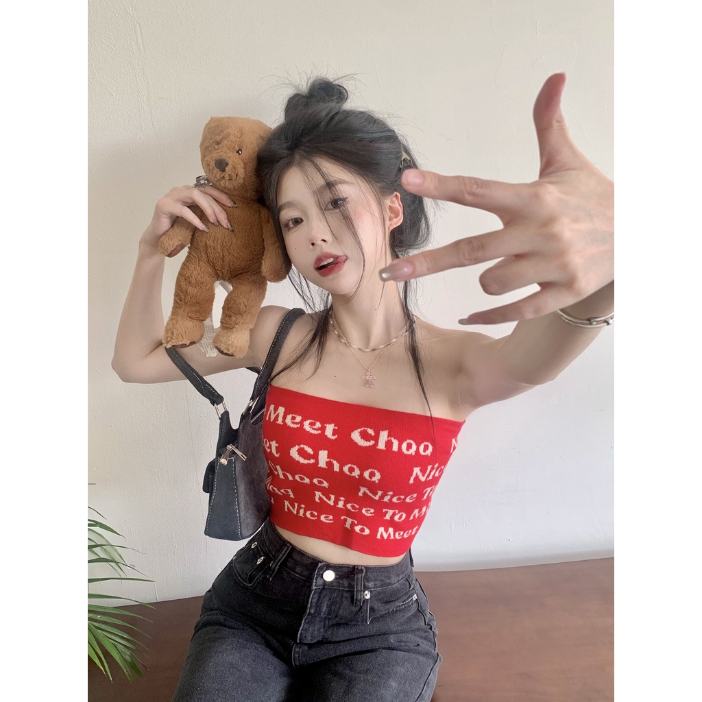 HUANG YOYO Áo croptop 2023 Áo Ống Dệt Kim Không Tay In Chữ Thời Trang Hàn Quốc Quyến Rũ Cho Nữ