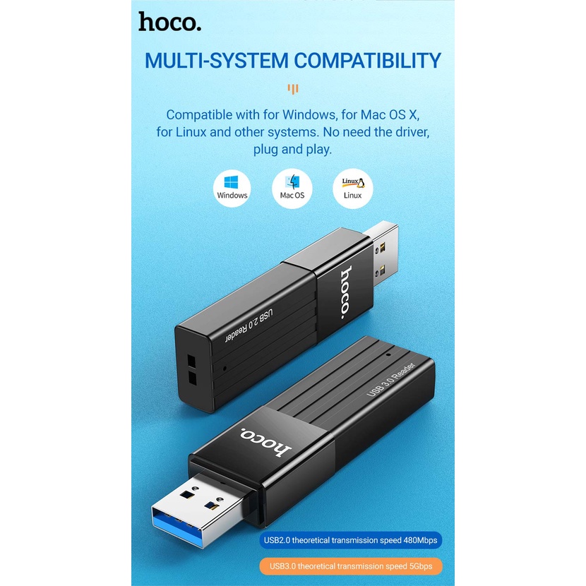 Đầu đọc thẻ nhớ 2.0 / 3.0 Hoco HB20 Mindful - hỗ trợ khe microSD/SD (Đen) - Chính Hãng