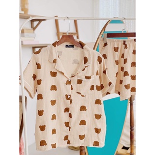 [ Có sẵn ] Bộ ngủ nữ pyjama vải xô muslin áo tay ngắn quần ngắn