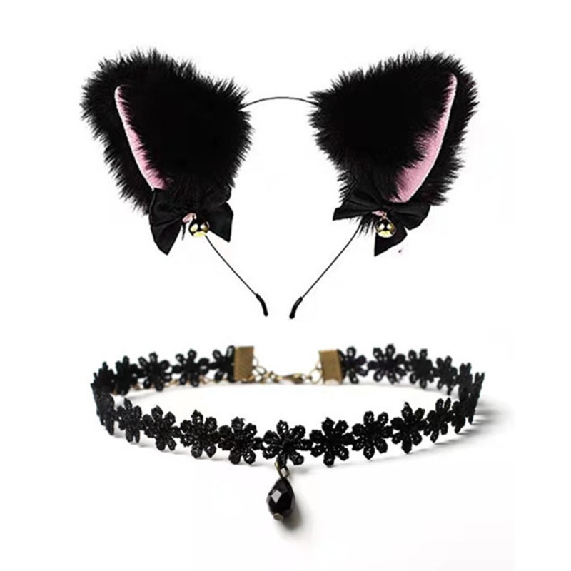 Bộ Vòng Cổ Choker Tai Mèo Bằng Lông Nhung Gợi Cảm