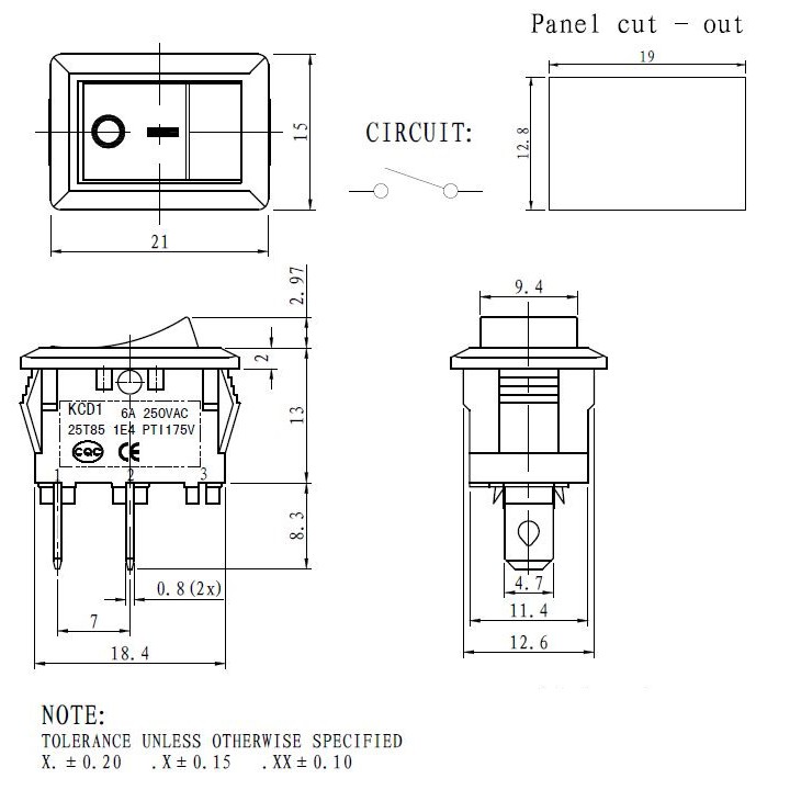 Công tắc bập bênh KCD1-101 2 cực 6A 250V 21x15mm