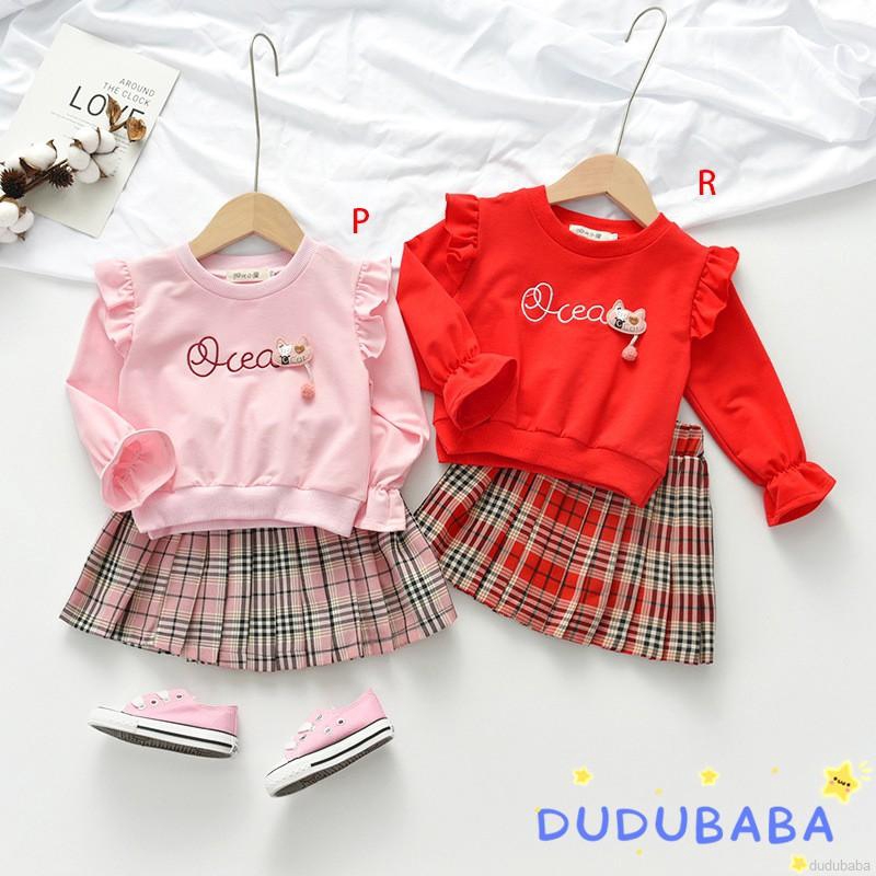 Áo thun tay dài + váy sọc ca rô đáng yêu cho bé gái
