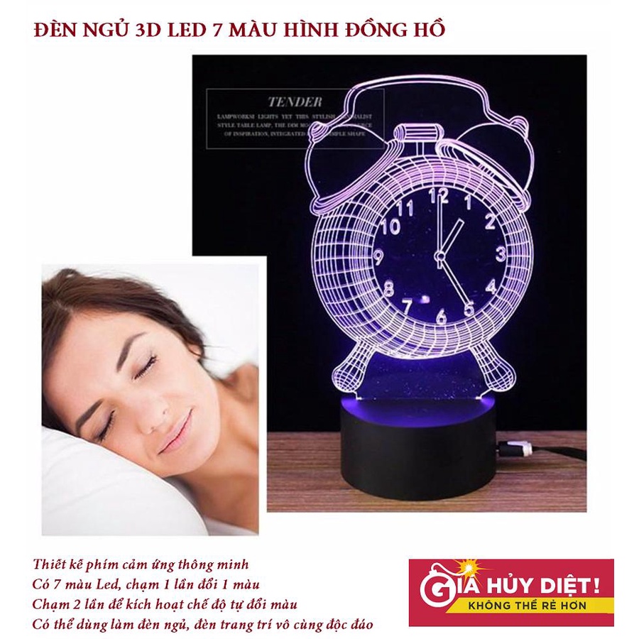 Đèn Ngủ 3D Led 7 Màu Hình Đồng Hồ Cộng Nghệ Mới,Thiết Kế Ánh Sáng Cực Chất. Bảo Hành 1 Đổi 1.
