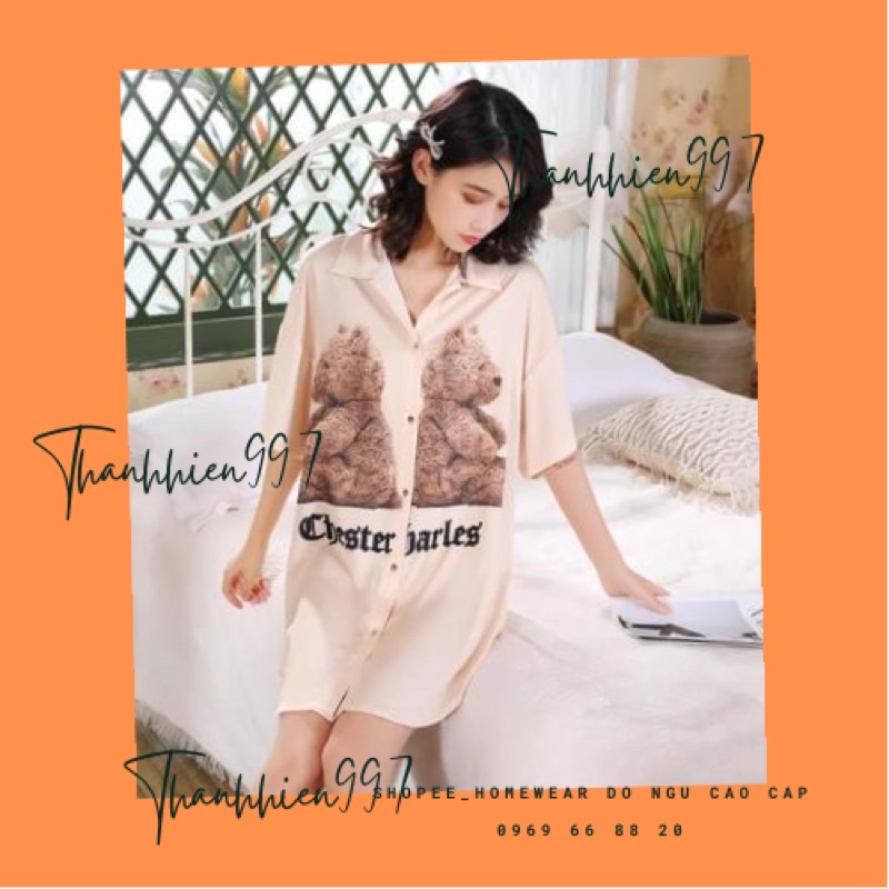 Váy ngủ sơmi công chúa ch.anel hồng lụa satin cao cấp quảng châu