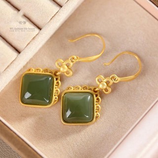 (Tại chỗ/phụ kiện)Bông tai bạc 925 vàng và ngọc bích màu xanh tính cách thời trang khí