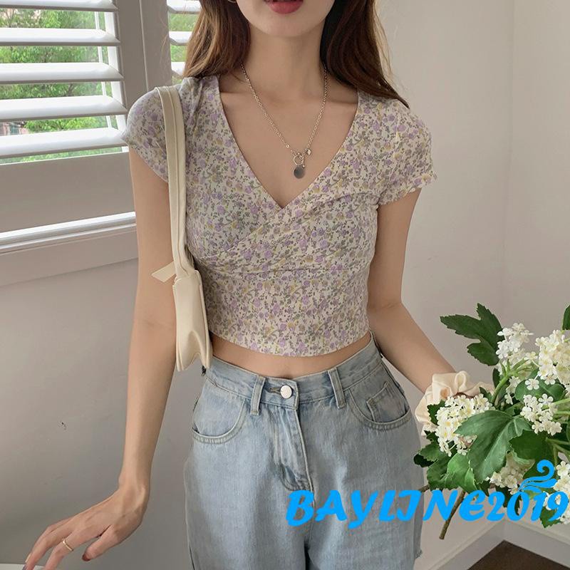 Áo Lửng Tay Ngắn Cổ Chữ V Thời Trang Quyến Rũ Cho Nữ