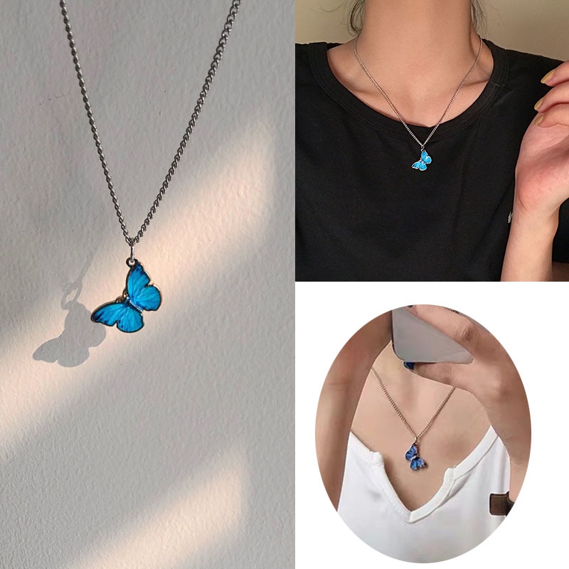 Vòng cổ choker bằng thép titan mặt hình bướm xanh lam phong cách vintage