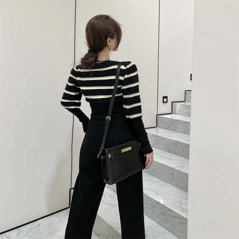 Áo kiểu ZHELIHANGFEI dệt kim cổ vuông tay dài phồng họa tiết kẻ sọc thời trang xinh xắn dành cho nữ