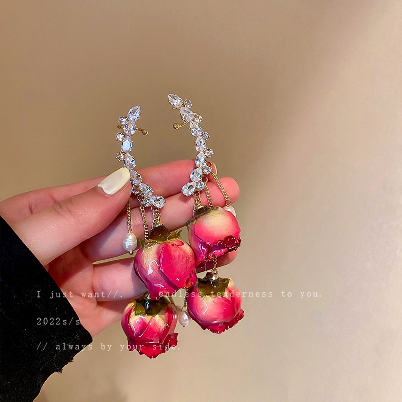 1 Đôi Bông Tai Bạc Hình Hoa Hồng Đính Kim Cương & Ngọc Trai Đỏ Phong Cách Hàn Quốc Thời Trang