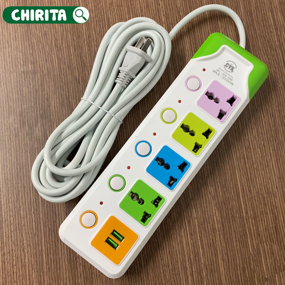 Ổ Cắm Điện Đa Năng Có Cổng USB 4 Phích Cắm 3 Chấu Loại Tốt  CYX 325U - Ổ Cắm Thông MInh Có 2 cổng Sạc USB
