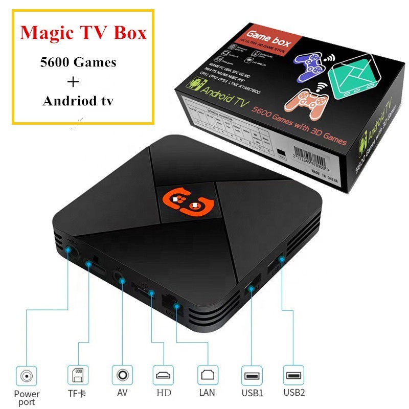 Máy chơi trò chơi video 4K -ULtraHD- Android TV- BOX 3D chơi game PS1,.. tích hợp 5600 Trò chơi với điều khiển không dây