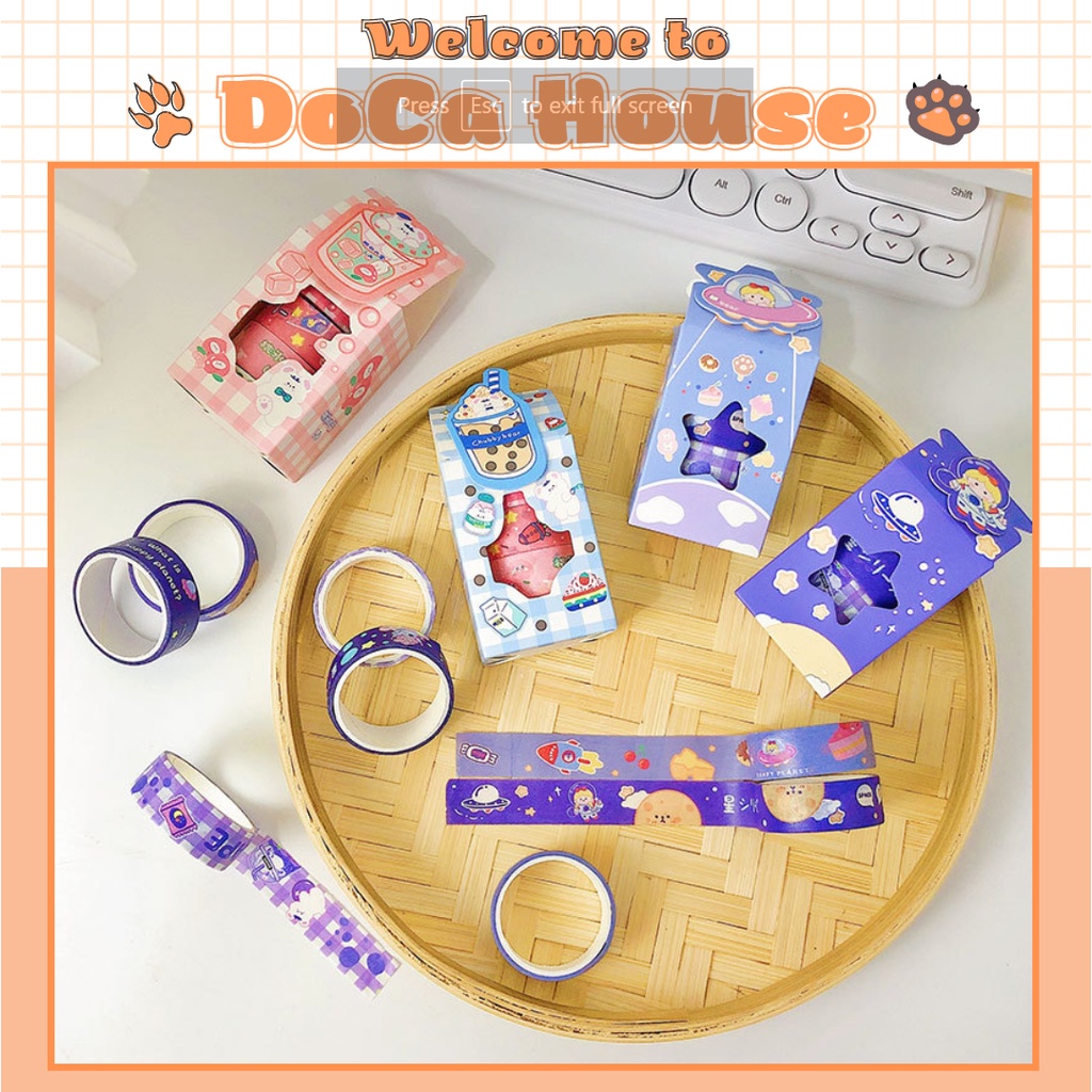 Hộp 4 cuộn washi tape DOCA, băng dính giấy, băng keo dán trang trí sổ tay nhiều chủ đề đáng yêu