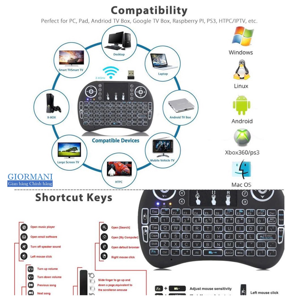 Bàn phím mini kiêm chuột cảm ứng không dây cho Smart Tivi, TV Box, Laptop  - Hàng cao cấp GIORMANI