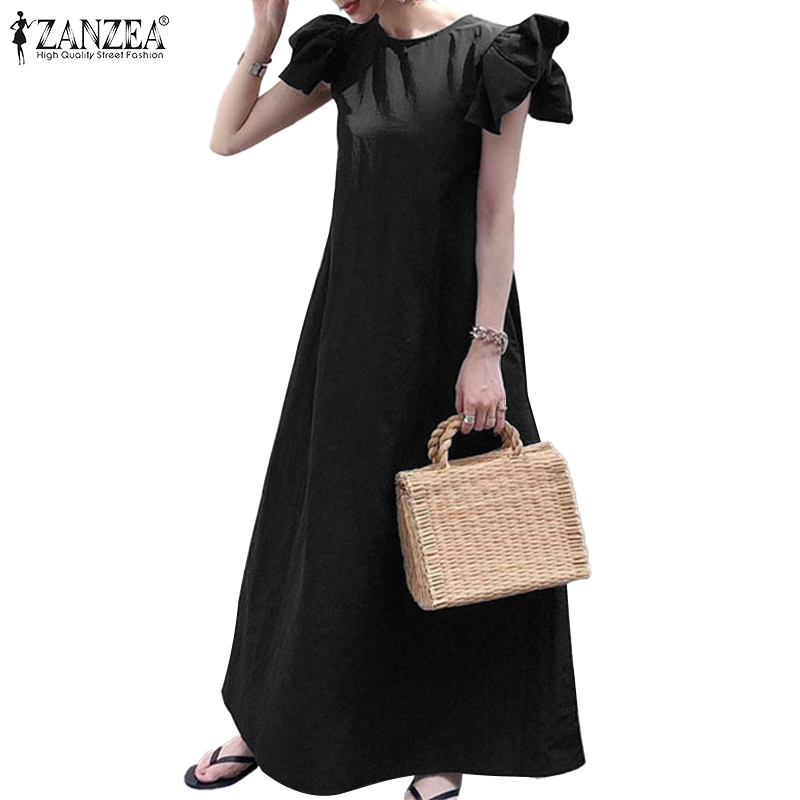 Đầm dáng rộng ZANZEA xếp ly cổ tròn màu trơn tay ngắn phối bèo nhún cho nữ