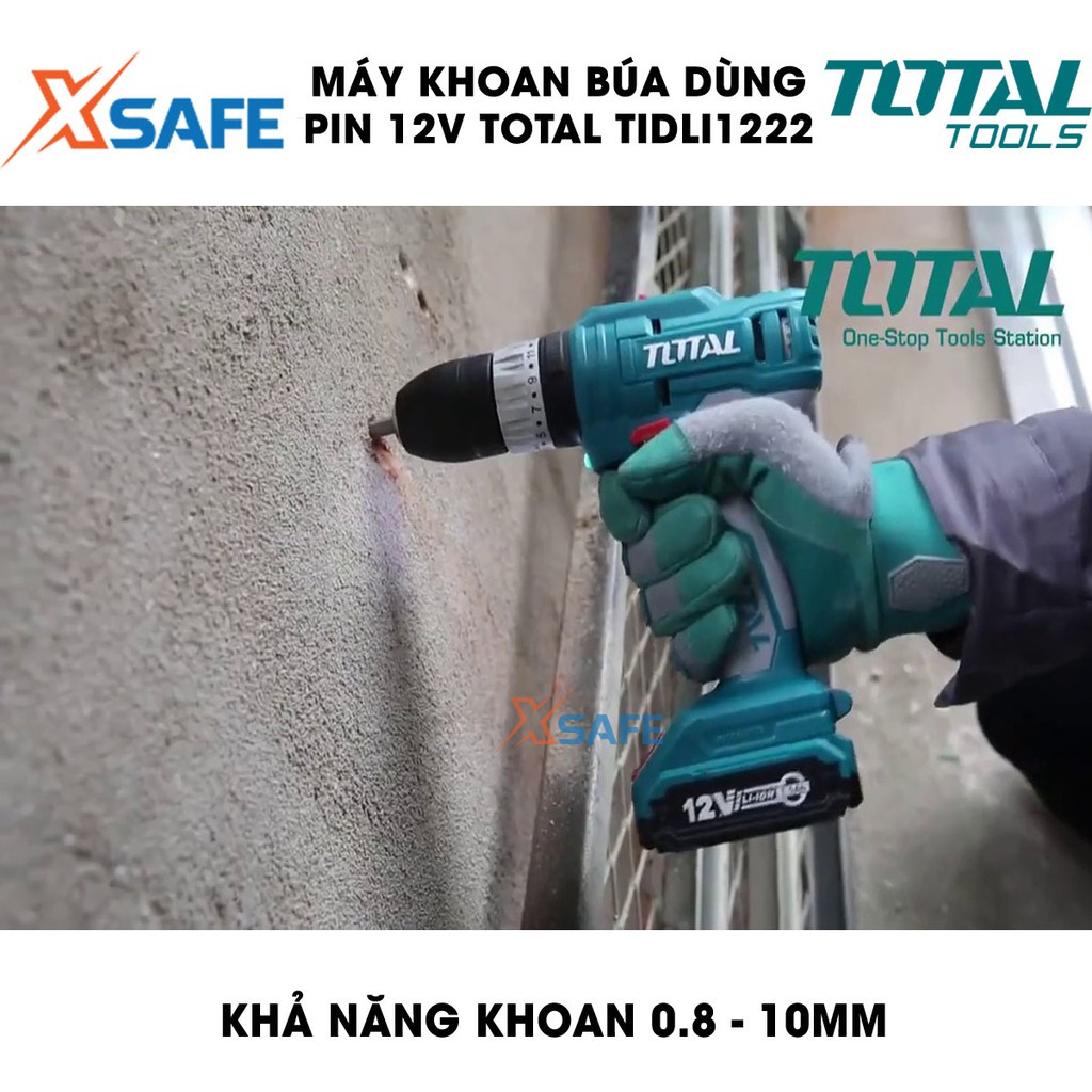 Máy khoan búa vặn vít dùng pin TOTAL 12V TIDLI1222 Máy khoan cầm tay kèm 2 pin 1.5Ah, thay thế tiện lợi - chính hãng