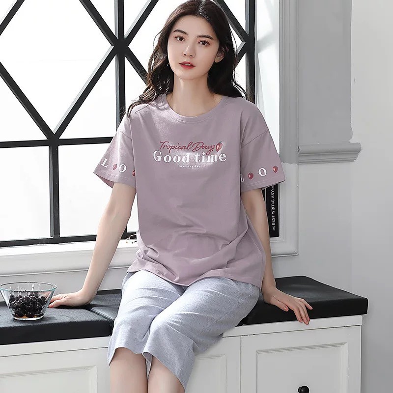 Bộ cotton mặc nhà Quảng Châu cao cấp cộc tay quần lửng co giãn 4 chiều