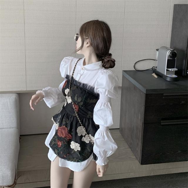 Set đầm + áo sơ mi trắng tay phồng phong cách Pháp