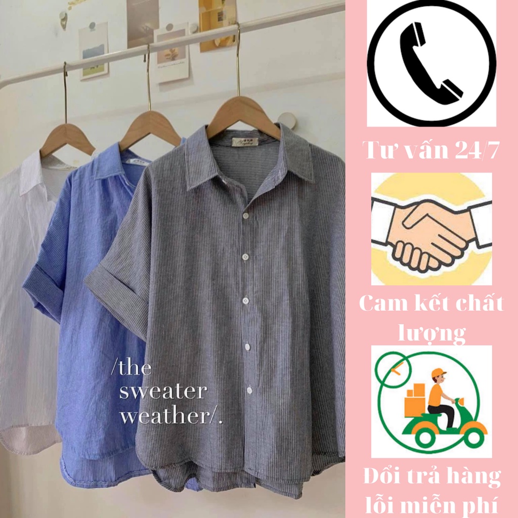 [CÓ SẴN] SƠ MI CỘC TAY, KẺ SỌC, NÚT CÀI SAU LƯNG, FORM FREESIZE < 58KG, ẢNH THẬT