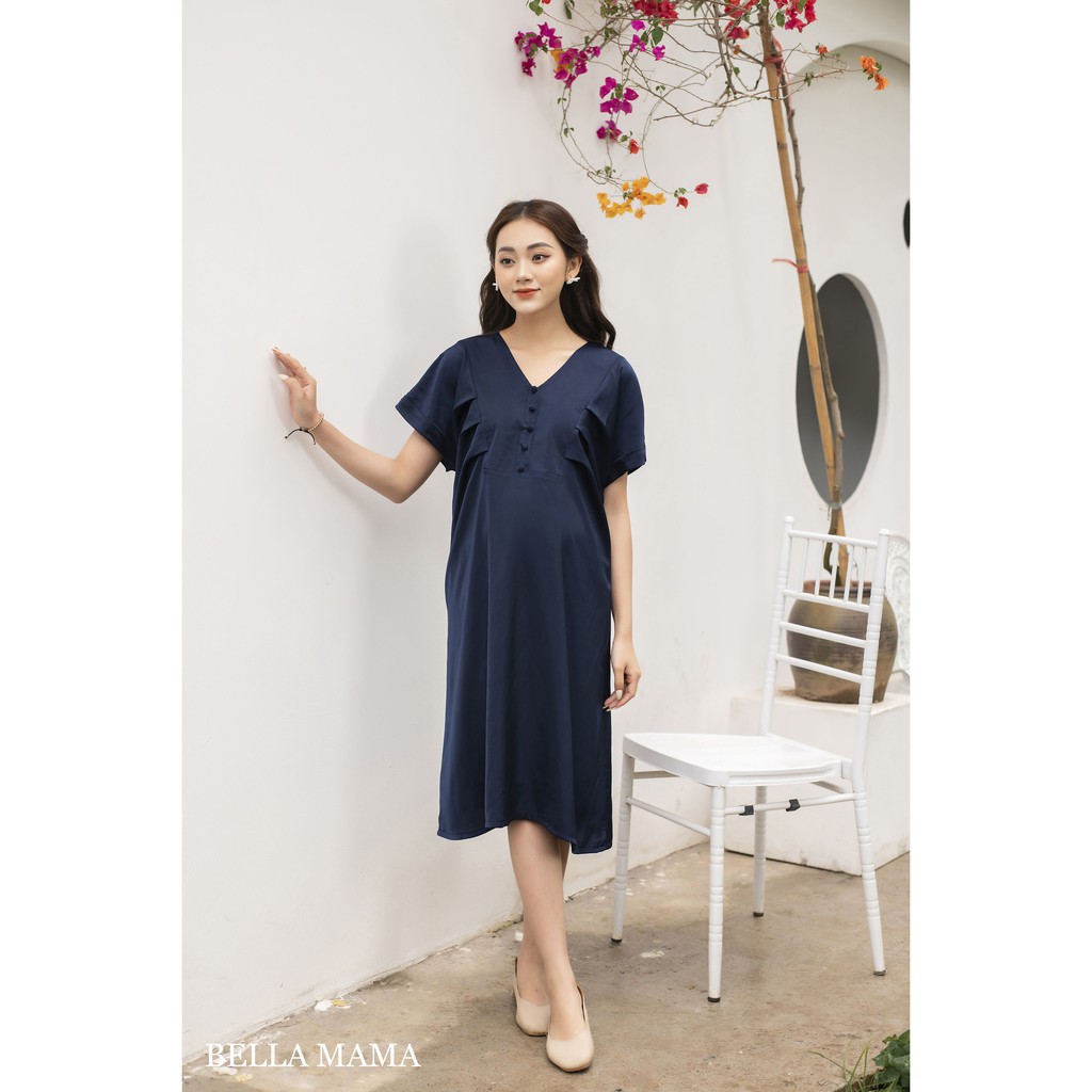 🤰 Váy bầu thiết kế nữ Bella 🌸 Đầm bầu lụa trơn navy thanh lịch | 3 màu SIÊU XINH 🌸 Đủ size cho các mẹ bầu từ 47 - 75kg