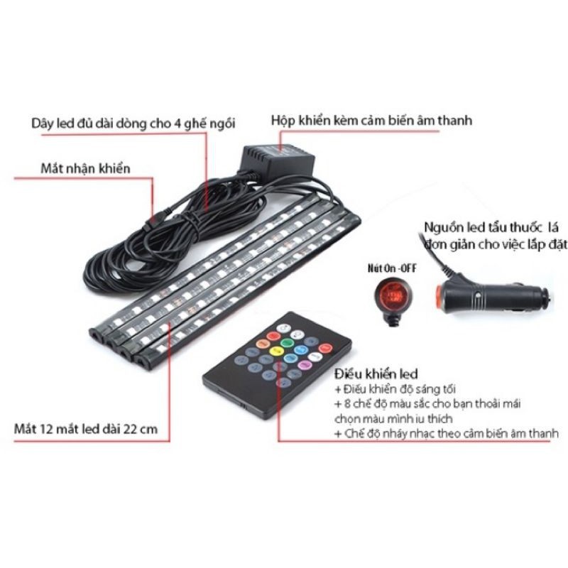 Đèn Led gắn Gầm Ghế Ô Tô, xe hơi Đầu Tẩu  loại 12 Led có Remote từ xa, cảm ứng âm thanh nhấp nháy theo nhạc