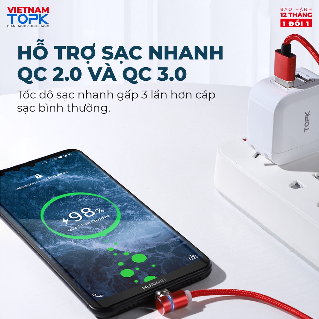 Dây sạc nam châm, đầu nối vuông góc TOPK AM69 Sạc nhanh QC 3.0 dài 1m, dùng cho điện thoại - Hàng chính hãng