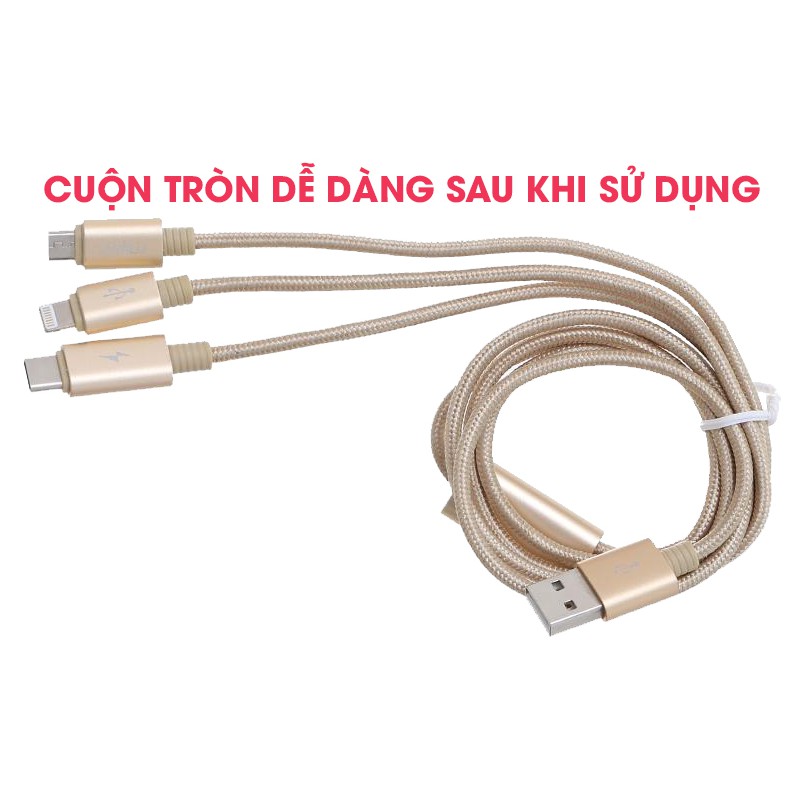 [Mã 2404EL10K giảm 10K đơn 20K] Cáp Sạc Dây Dù 3 Đầu Lightning-Micro Phone-Usb Type C - Siêu Bền